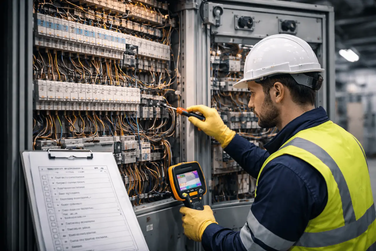 Electrician inspecting an electrical panel before generator installation
