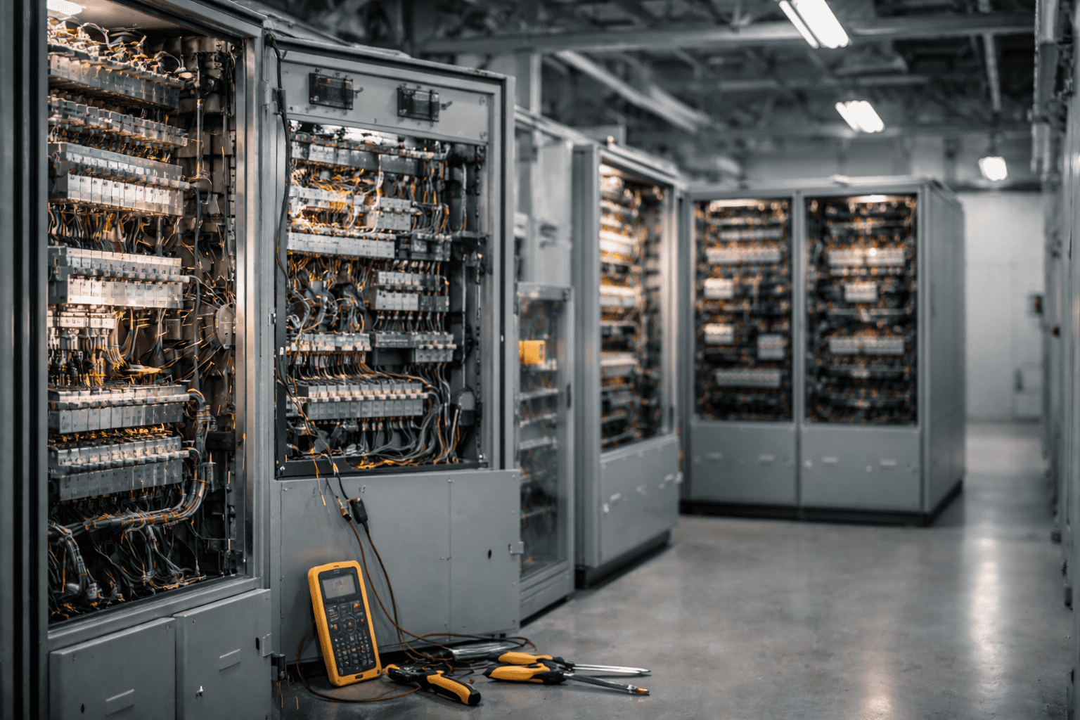 Electrician reviewing an industrial electrical panel layout